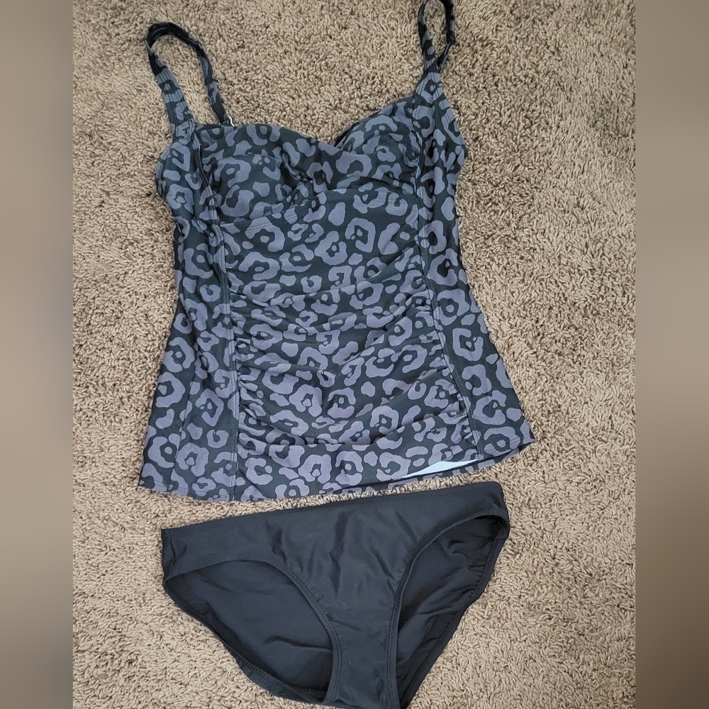 Merona | Gray and Black Leopard Print Swimwear Beach Tankini Bikini Set
